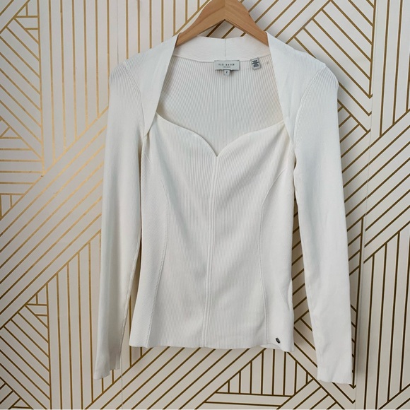 Ted Baker Helenh Sweetheart Neckline Ivory Cream Knit Top ribbed sweater size 2 - Picture 2 of 9